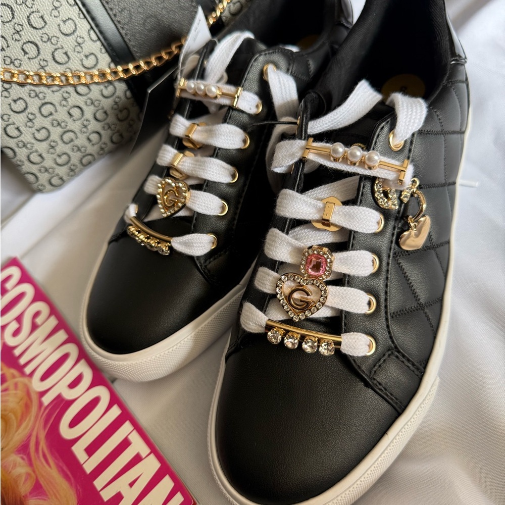 Guess Black Quilted Sneakers with Gold and White Details